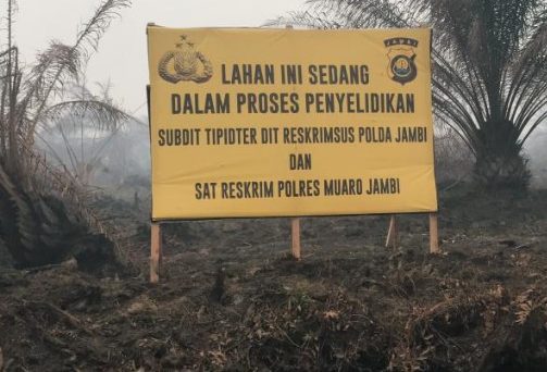 Polisi memasang tanda pada lahan PT BEP yang terbakar di Desa Puding, Kecamatan Kumpeh Ilir, Muaro Jambi./ist/GATRA